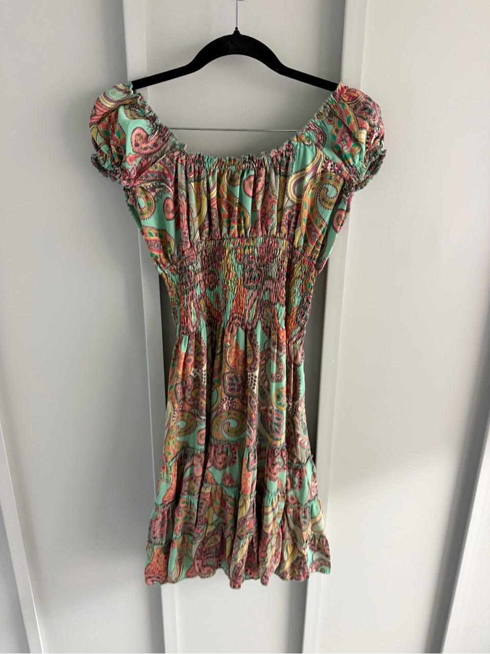 Anisa Spain Multi-Colored Green Orange Paisley Smocked Mini Dress - Size S/M - Picture 13 of 13